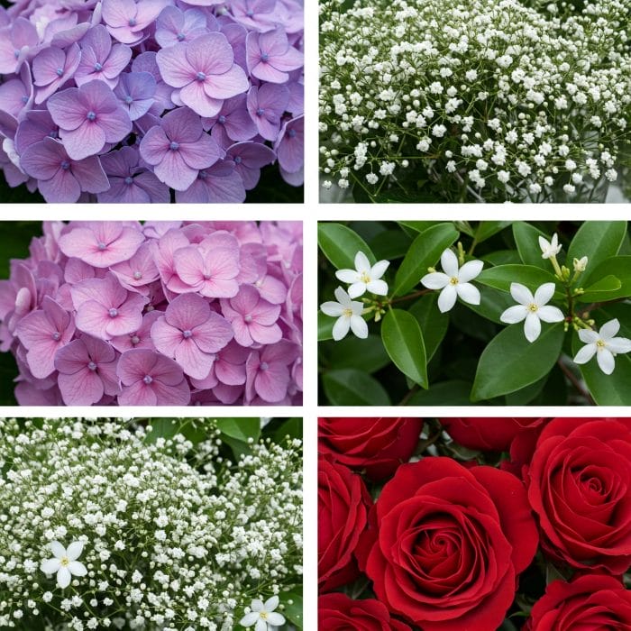 アジサイ、バラ、カスミソウなどの花の美しいコラージュ