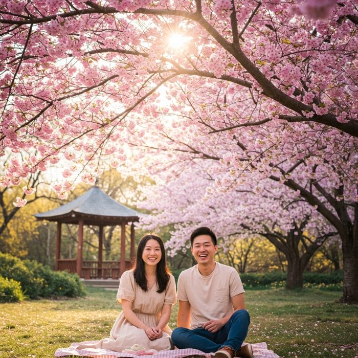 中国の有名な桜の名所で花見を楽しむ人々
