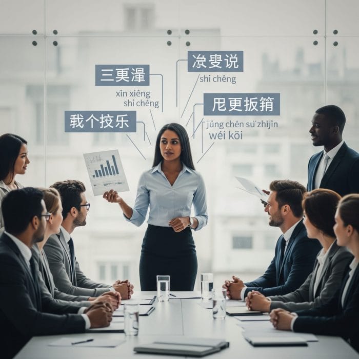 会議で自信を持って意見を述べる現代のビジネスパーソンと背景の成語グラフィック