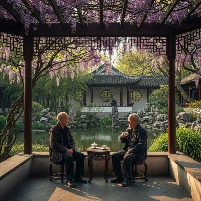 茶館で語り合う二人の親友