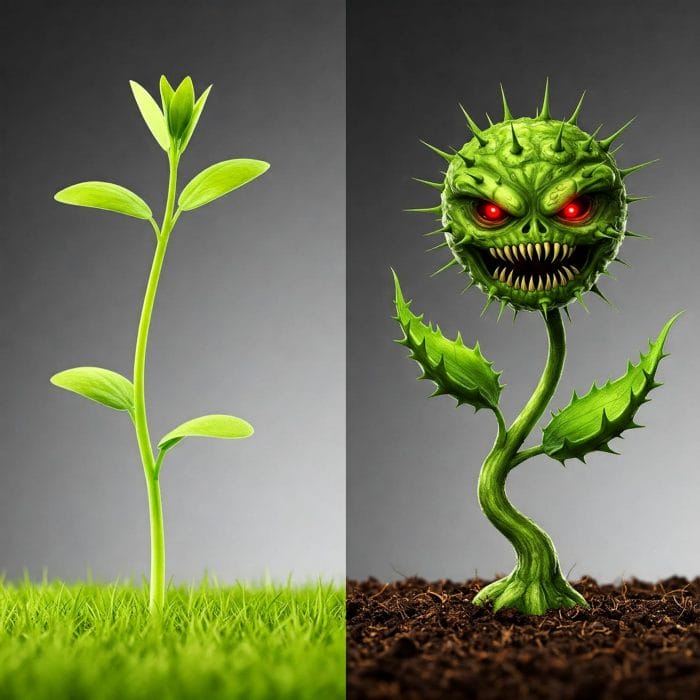 無邪気な草が毒々しい植物に変化するメタファー