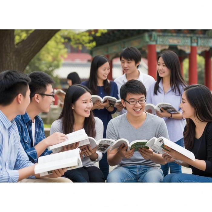 大学で談笑する中国の学生たち