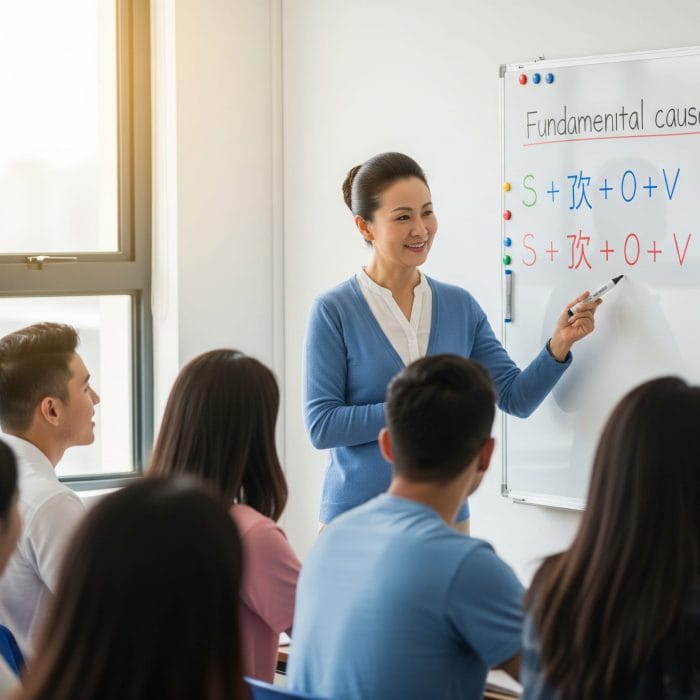 中国語の授業で使役文を学ぶ生徒たち