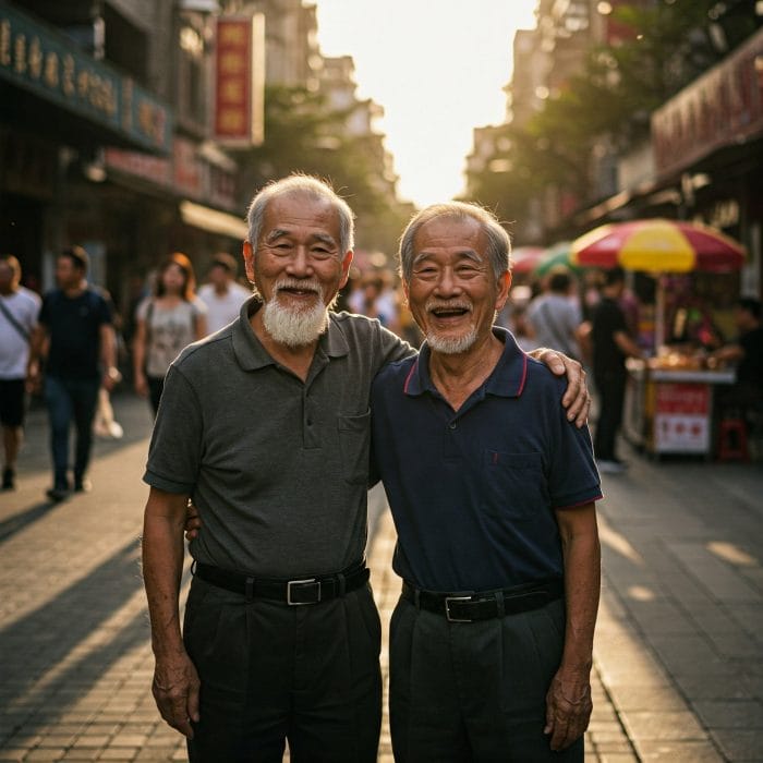 街角で偶然再会し喜ぶ友人たち