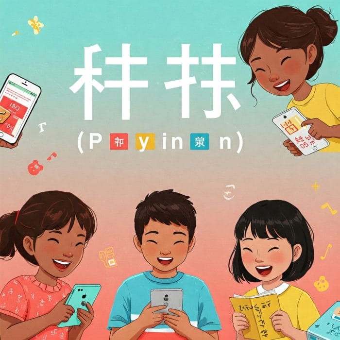 ピンインと四声の記号と楽しそうに中国語を学ぶ人々