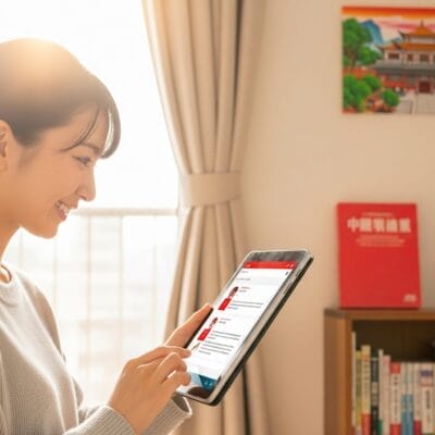 女性が室内に座って笑顔でタブレットを使用しており、背景の壁には本と額入りの絵が飾られている。.