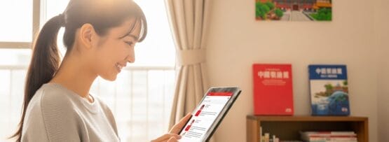 女性が室内に座って笑顔でタブレットを使用しており、背景の壁には本と額入りの絵が飾られている。.