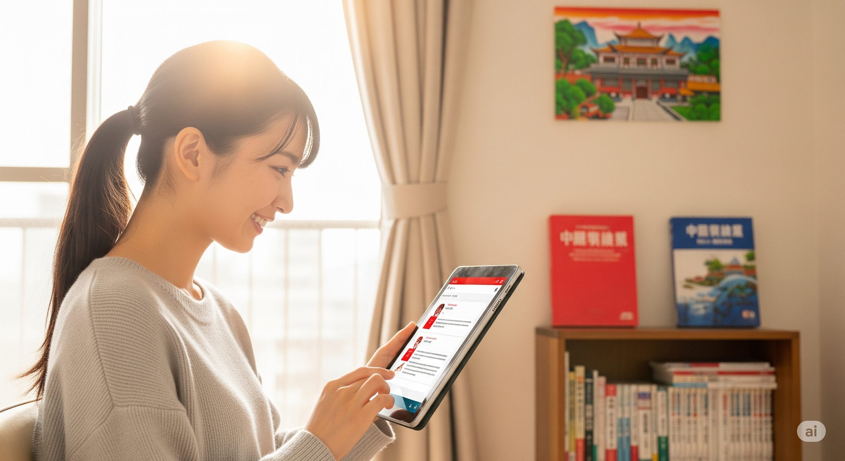 女性が室内に座って笑顔でタブレットを使用しており、背景の壁には本と額入りの絵が飾られている。.