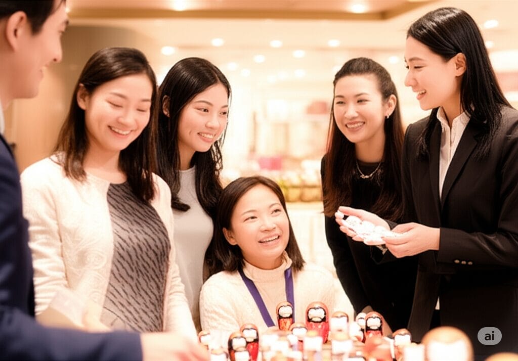 5人の女性のグループが、明るい室内で小さな置物を展示したテーブルの周りに立ち、微笑みながら会話を交わしています。.