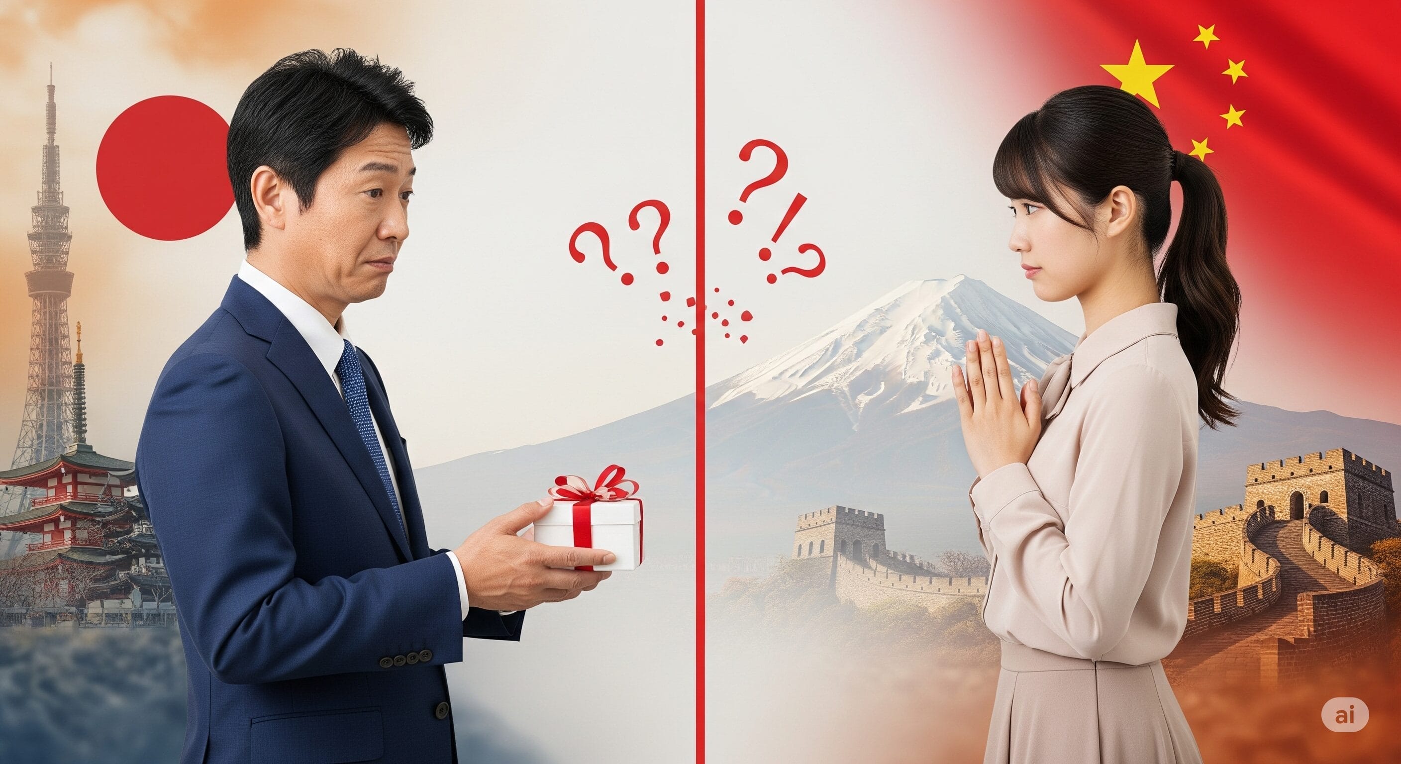 スーツを着た男性が不安そうな女性に贈り物を差し出している。背景には日本と中国のランドマークが赤い線と疑問符で区切られて描かれている。.