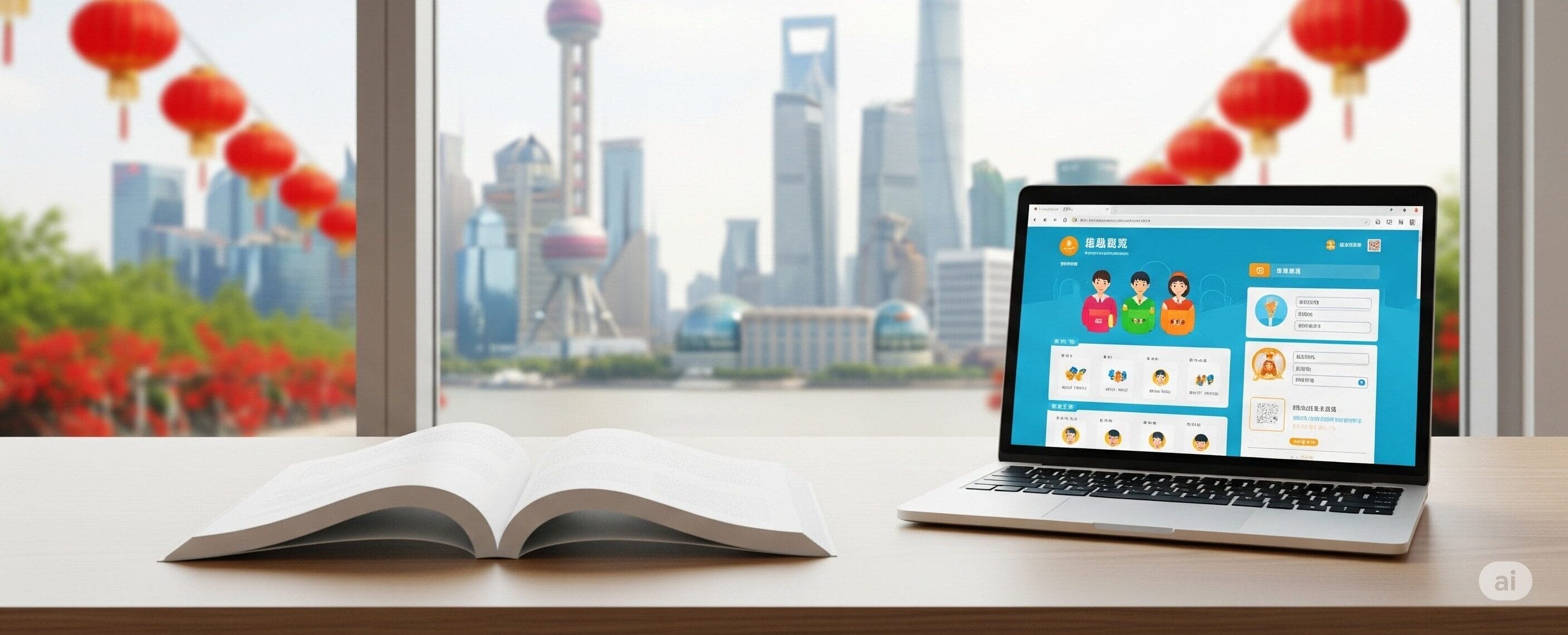 外に赤い提灯がぶら下がっている近代的な街並みを見下ろす窓のそばの机の上に、オンライン学習プラットフォームが表示されているノートパソコンと開いた本が置かれています。.