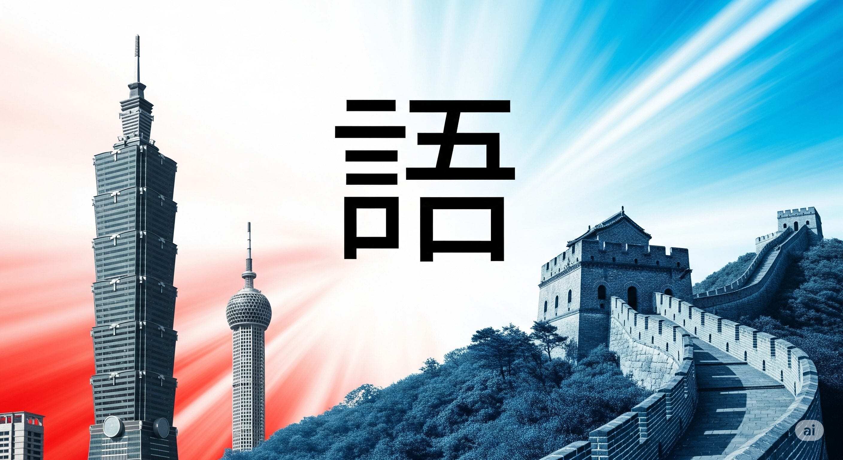 赤と青の背景に台北 101、東方明珠塔、万里の長城が描かれ、上部中央に中国語の文字「語」が配置されています。.