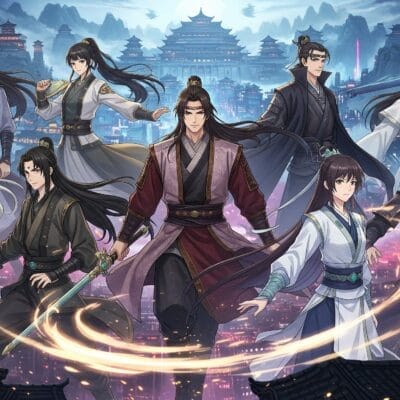 夜の屋上で、伝統的な中国衣装をまとった9人の戦士がポーズをとっています。背景には、宮殿と山々がライトアップされた街が描かれています。中央の人物の周囲には、魔力が渦巻いています。.