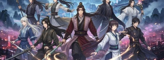 夜の屋上で、伝統的な中国衣装をまとった9人の戦士がポーズをとっています。背景には、宮殿と山々がライトアップされた街が描かれています。中央の人物の周囲には、魔力が渦巻いています。.