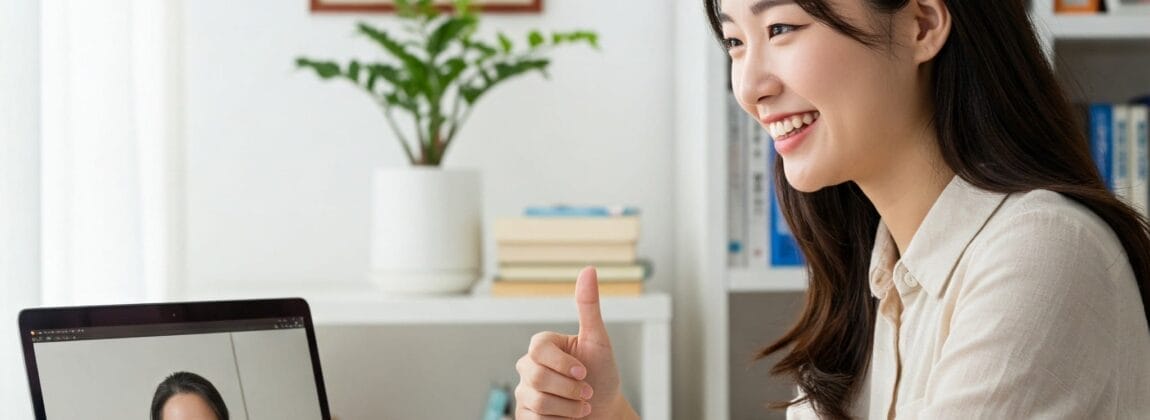 2 人の女性がビデオ通話をしています。1 人はノートパソコンの画面に、もう 1 人は自宅のオフィスにあるデスクに座って、どちらも笑顔で親指を立てています。.