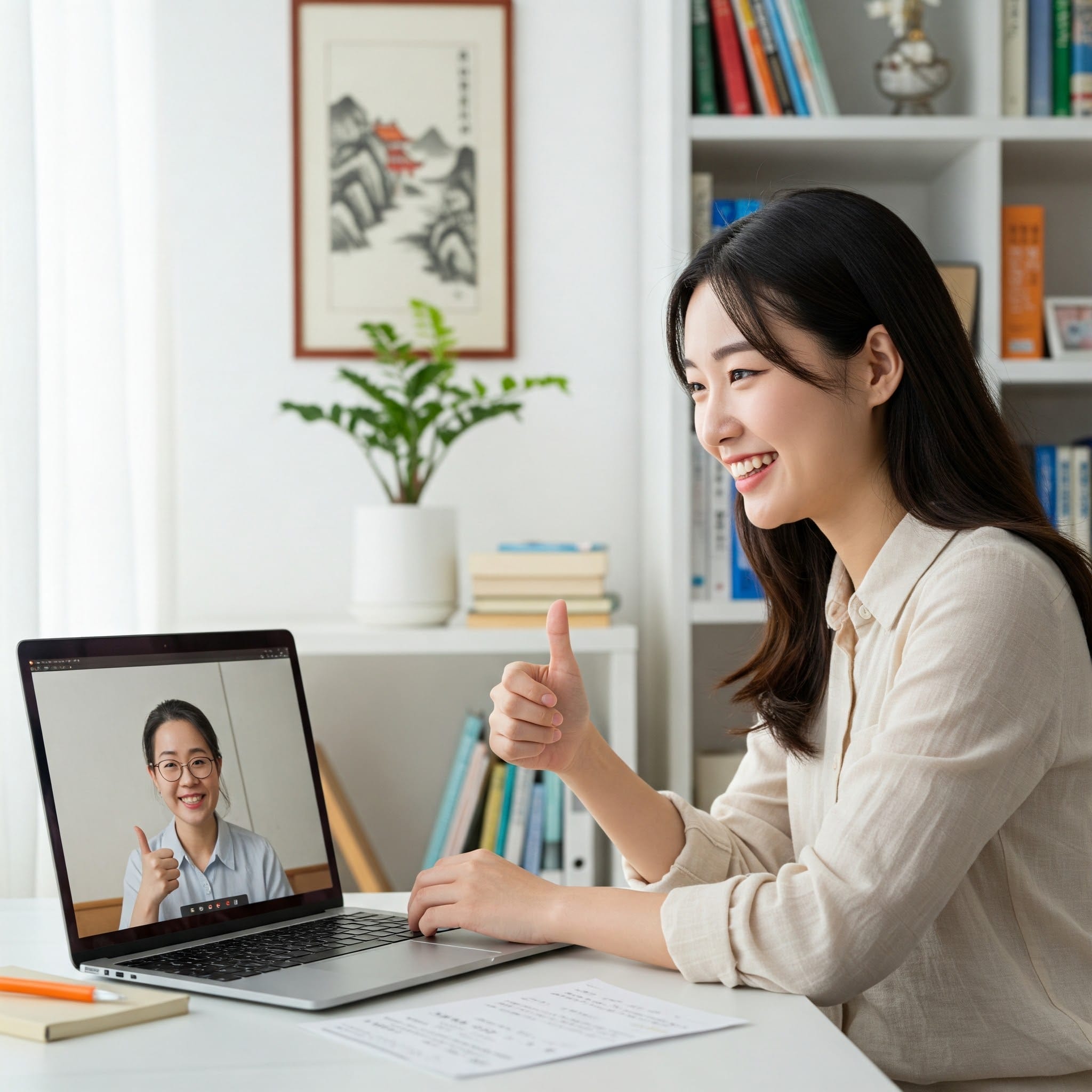 2 人の女性がビデオ通話をしています。1 人はノートパソコンの画面に、もう 1 人は自宅のオフィスにあるデスクに座って、どちらも笑顔で親指を立てています。.