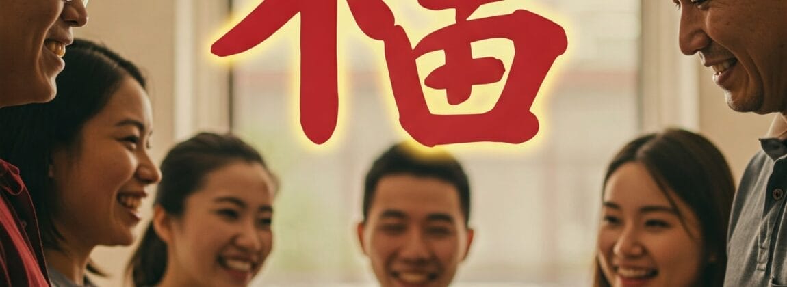 壁に掛けられた大きな中国語の「福」（幸運）の文字の前で、人々が笑顔で贈り物を交換している。.