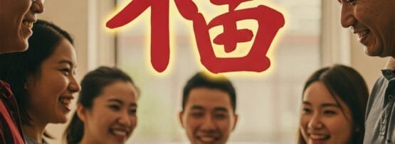壁に掛けられた大きな中国語の「福」（幸運）の文字の前で、人々が笑顔で贈り物を交換している。.