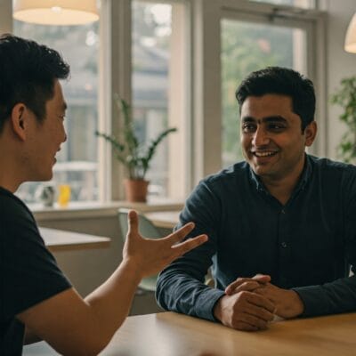 明るいカフェのテーブルに二人の男性が座り、会話に花を咲かせている。一人が手振りをしながら、もう一人は微笑みながら話を聞いている。.