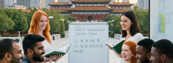 多様な学生グループが、街の建物や伝統的な建築物を背景に、ホワイトボードの近くで本やノートパソコンを使って屋外で一緒に勉強しています。.