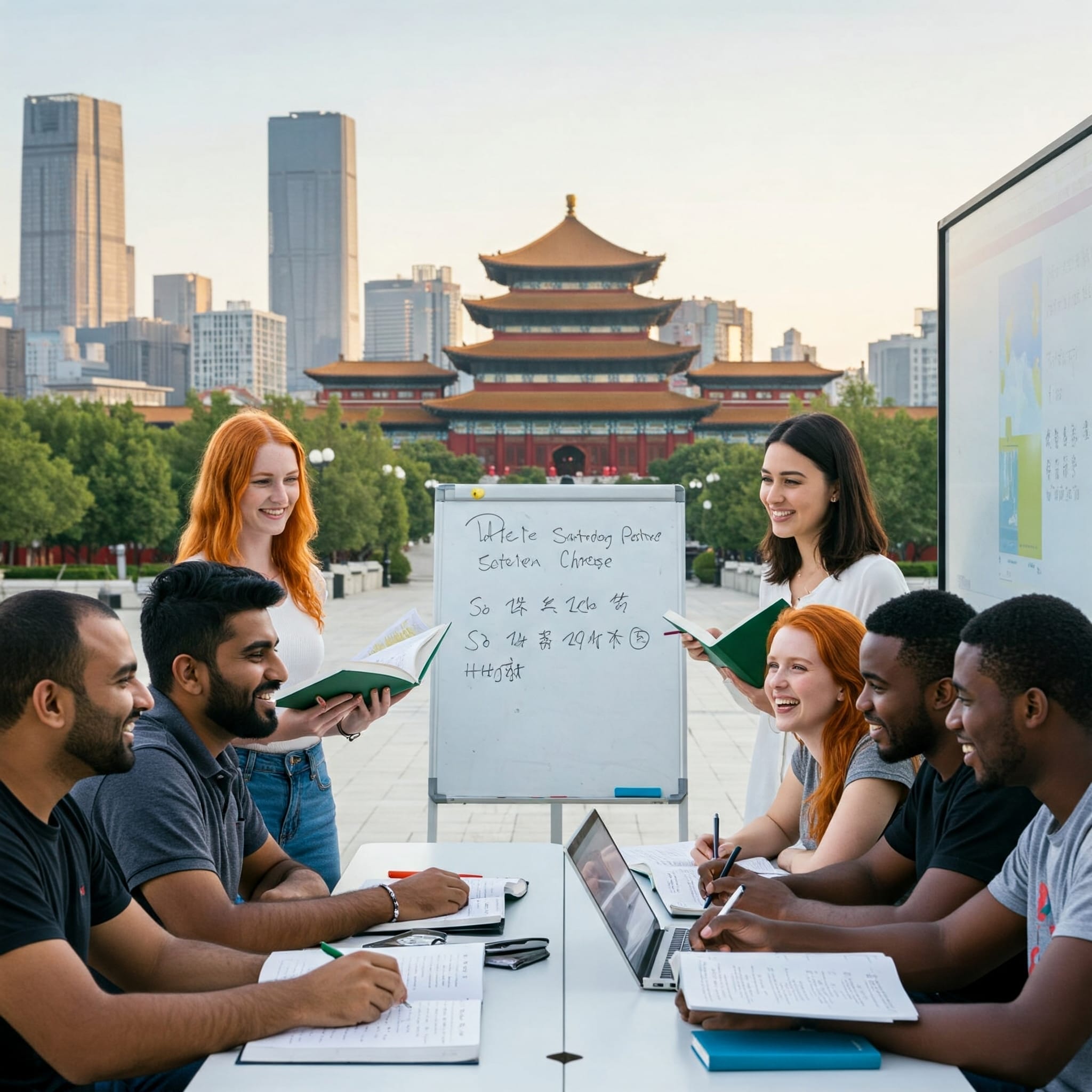 多様な学生グループが、街の建物や伝統的な建築物を背景に、ホワイトボードの近くで本やノートパソコンを使って屋外で一緒に勉強しています。.