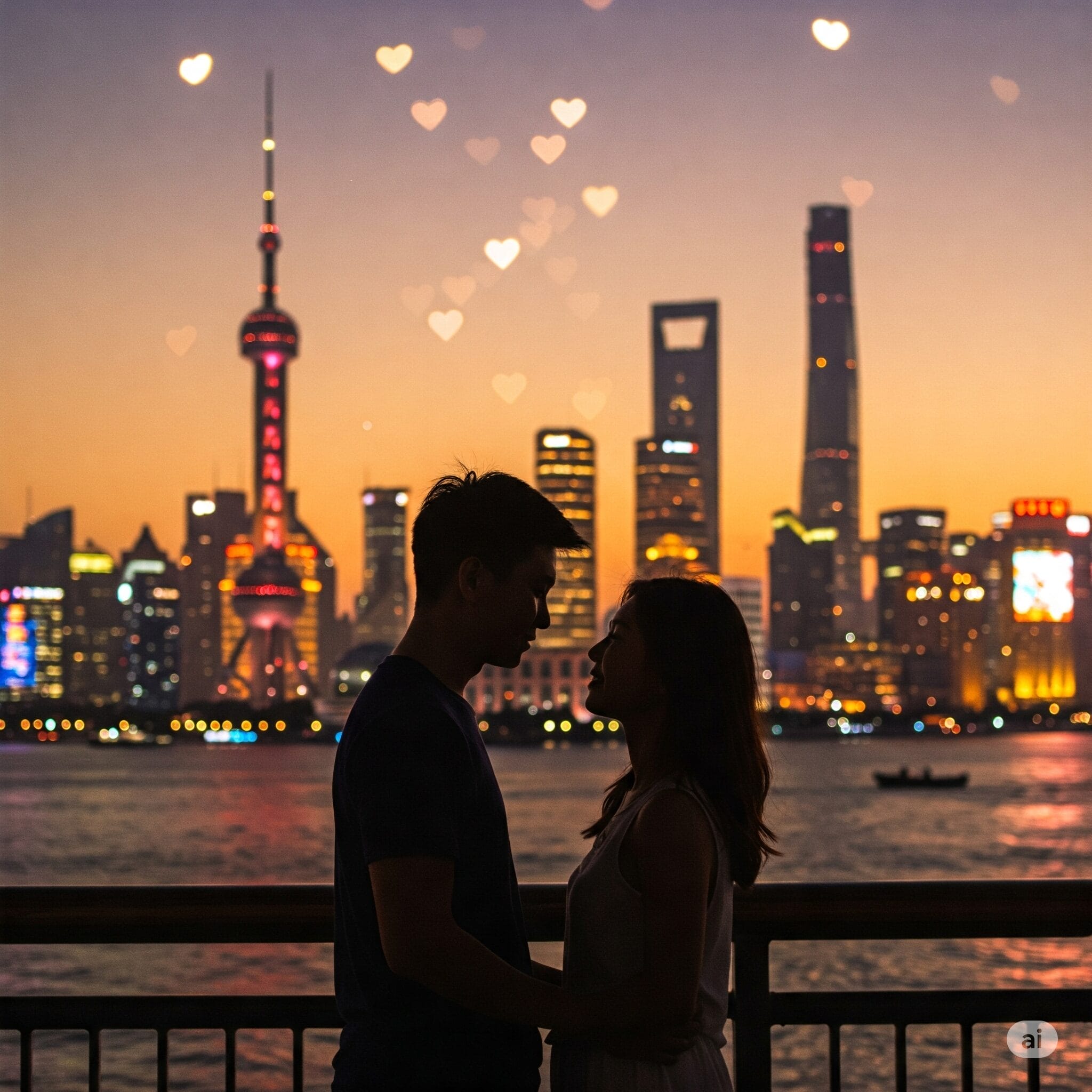 夕暮れ時に、街のスカイラインとハート型の光を背景に、カップルが向かい合って立っています。.