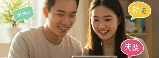 二人がテーブルに座り、笑顔でタブレットを使っている。その周囲には、中国語のフレーズと「ニーハオ」が書かれたカラフルな吹き出しが表示され、言語学習アプリか言語アプリを使っていることが分かる。.