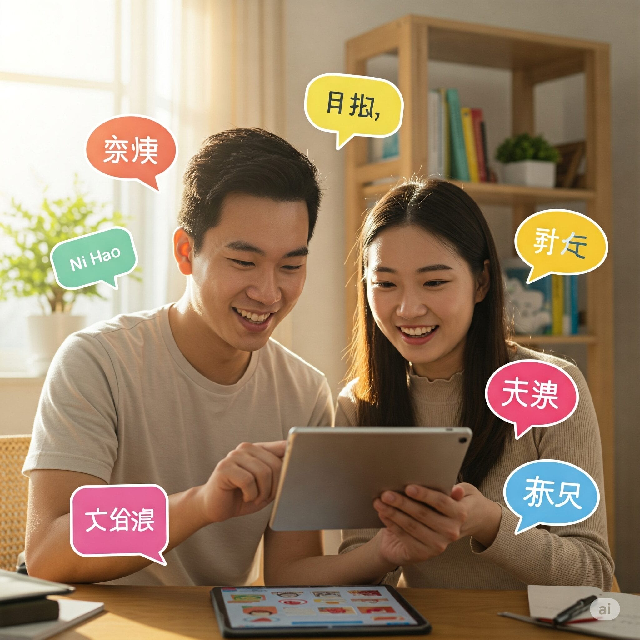二人がテーブルに座り、笑顔でタブレットを使っている。その周囲には、中国語のフレーズと「ニーハオ」が書かれたカラフルな吹き出しが表示され、言語学習アプリか言語アプリを使っていることが分かる。.