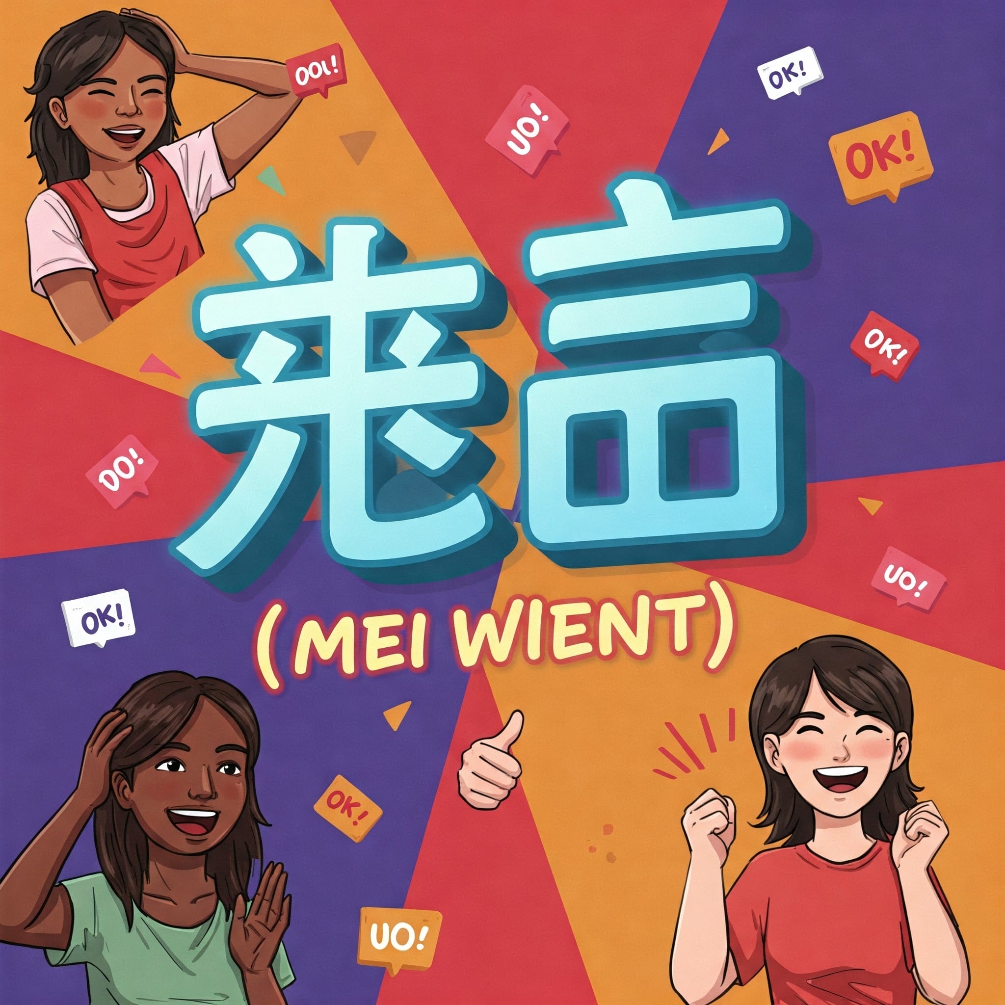 3 人の笑顔の女の子が、表情豊かな仕草で、カラフルな幾何学的な背景の大きな漢字と「(MEI WIENT)」というフレーズを囲み、「OK!」と「UO!」という吹き出しが付いています。.