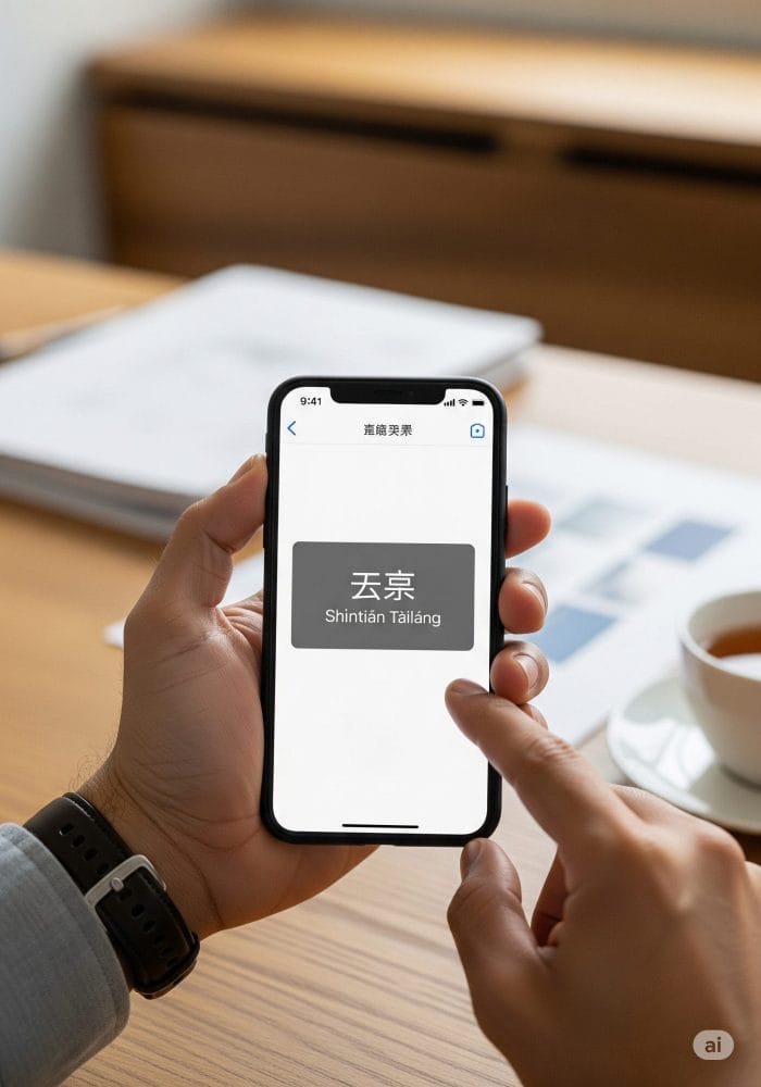 スマートフォンで日本語の名前を中国語のピンインに変換している様子