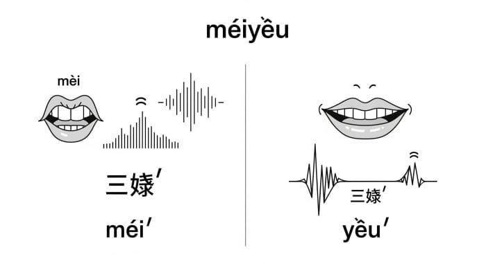「没有」のピンイン（méiyǒu）と声調（第二声＋第三声）を視覚的に解説した図