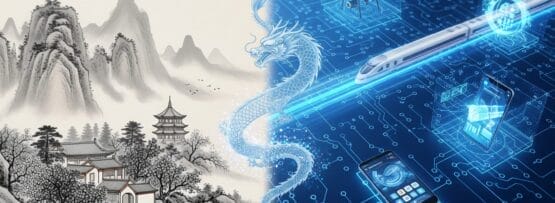 半分に分割された画像で、左側に伝統的な中国の山水画、右側にドローンやスマートフォンなどの未来的なデジタル技術が示され、青いデジタルドラゴンでつながっています。.
