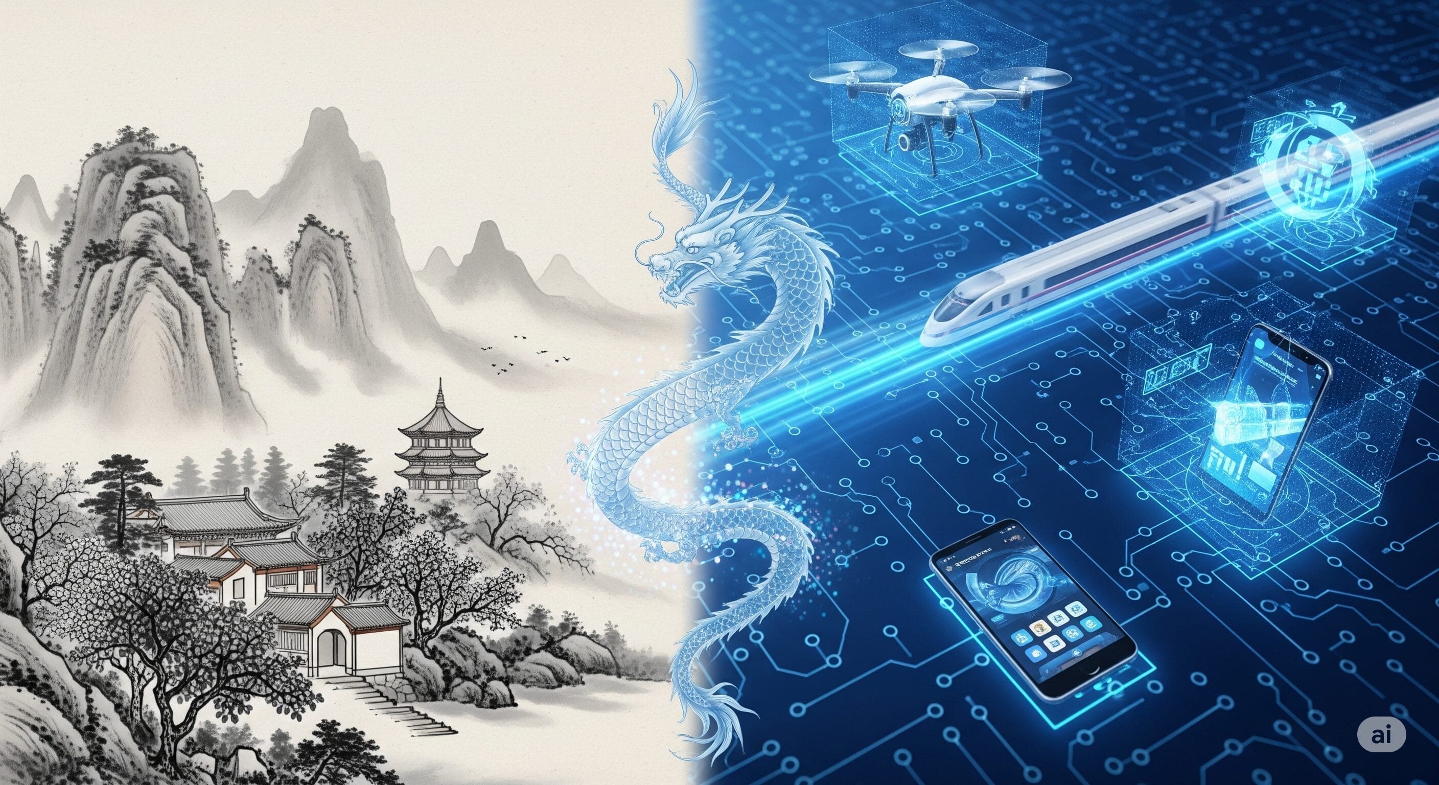 半分に分割された画像で、左側に伝統的な中国の山水画、右側にドローンやスマートフォンなどの未来的なデジタル技術が示され、青いデジタルドラゴンでつながっています。.