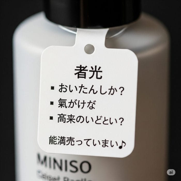 MINISO風の製品タグに書かれた、不自然で面白い日本語のクローズアップ写真。