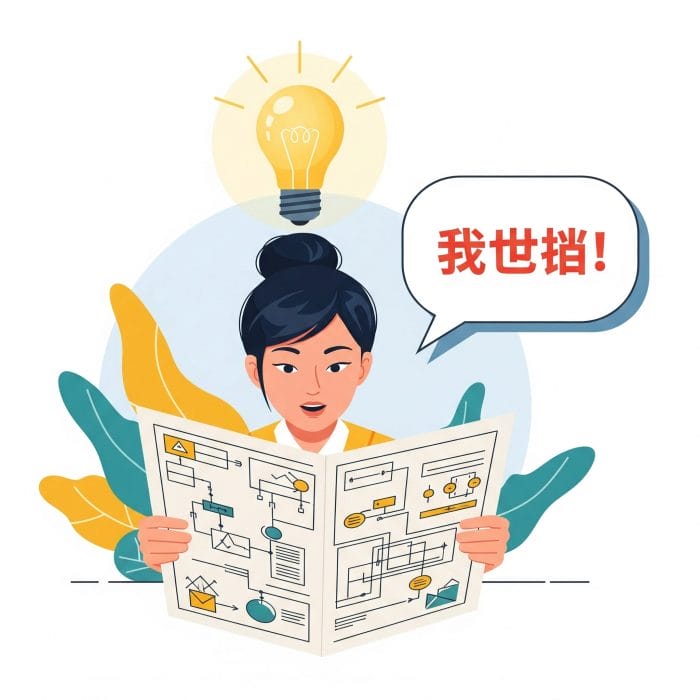 複雑な中国語の文章を見ていた人物の頭上に電球が灯り、「なるほど！」と理解した様子のイラスト。