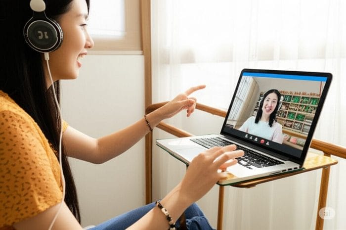 オンラインレッスンで中国語の発音を学ぶ日本人女性