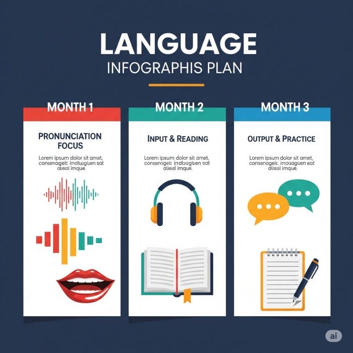 1ヶ月目「発音集中」、2ヶ月目「インプット＆リーディング」、3ヶ月目「アウトプット＆実践」と書かれた3ヶ月カレンダーのインフォグラフィック。
