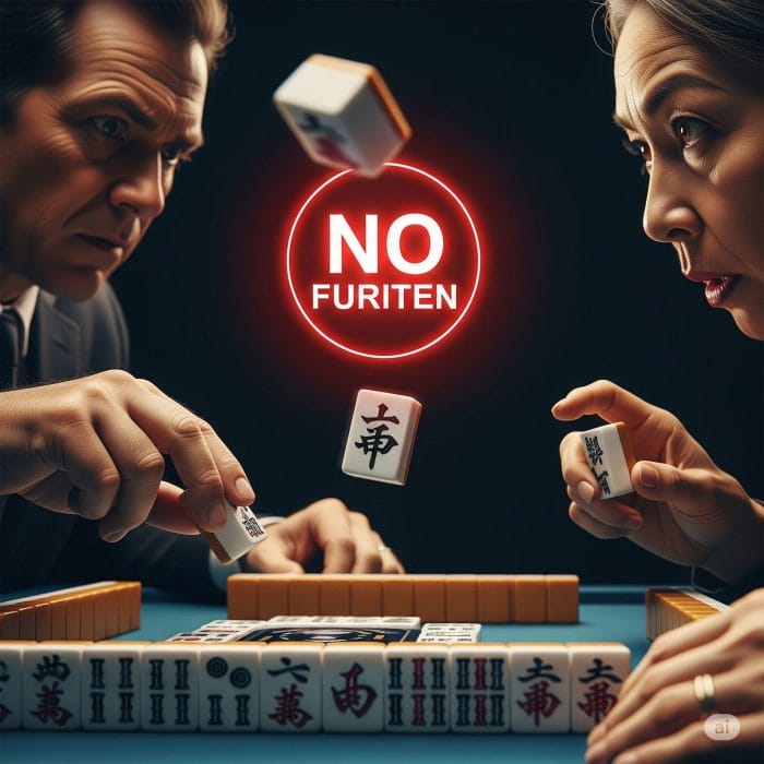 麻雀の卓上で捨てられた牌をロンしようとする緊迫した瞬間。「フリテンなし」を象徴するマークが描かれている。