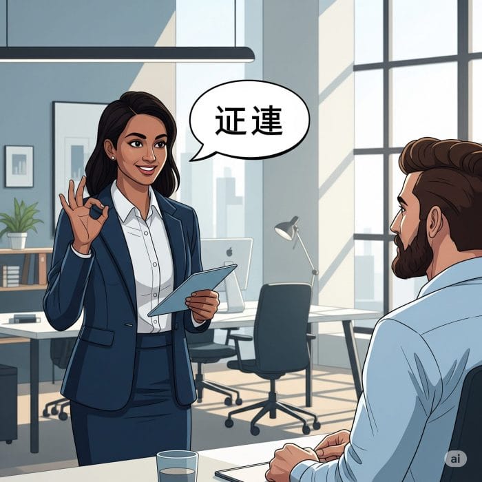 ビジネスシーンで、一人がもう一人にOKのジェスチャーをしており、吹き出しに「可以」と書かれているイラスト。