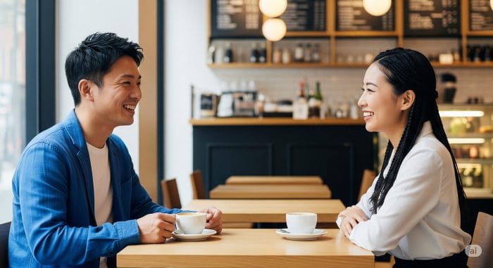 カフェで和やかに自己紹介をする日本人と中国人