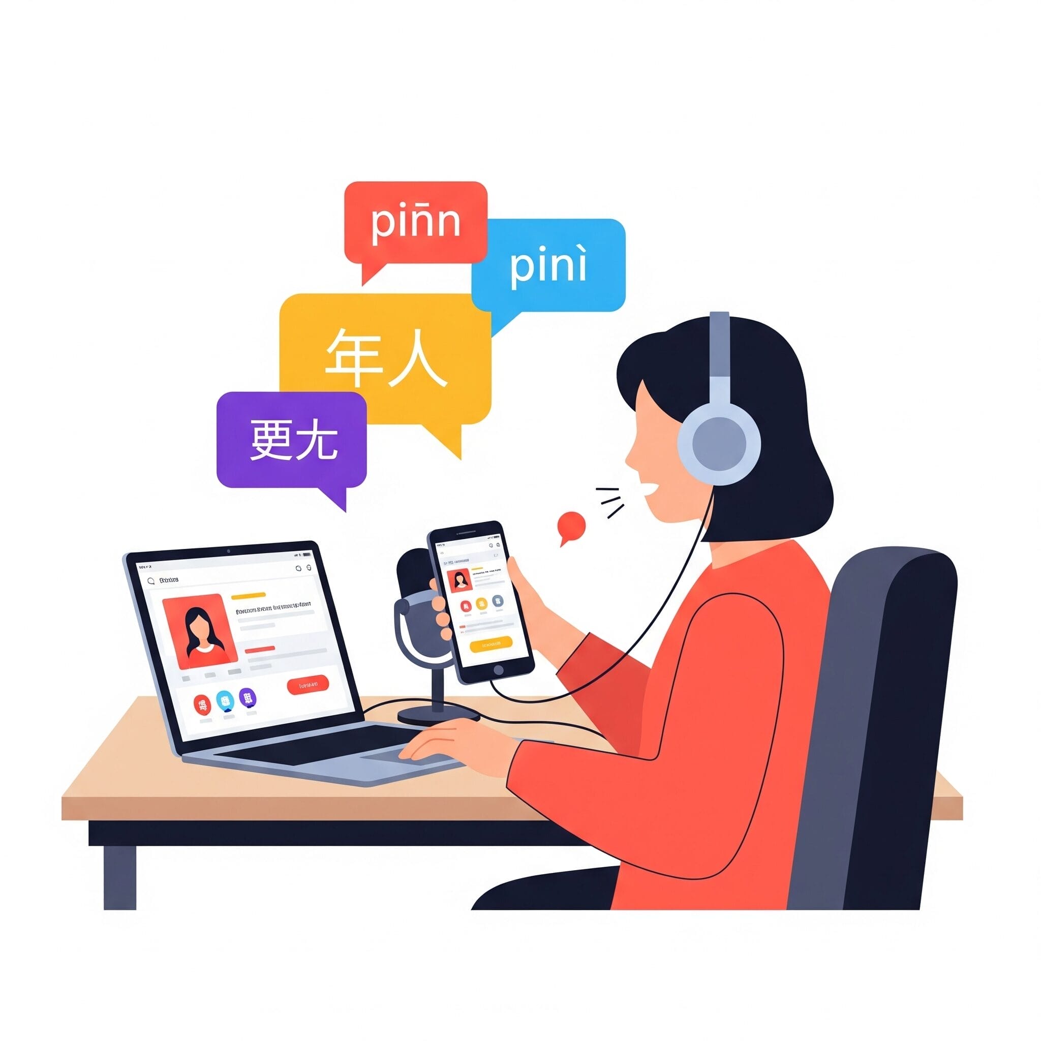 スマートフォンアプリで中国語を学習する人のイラスト