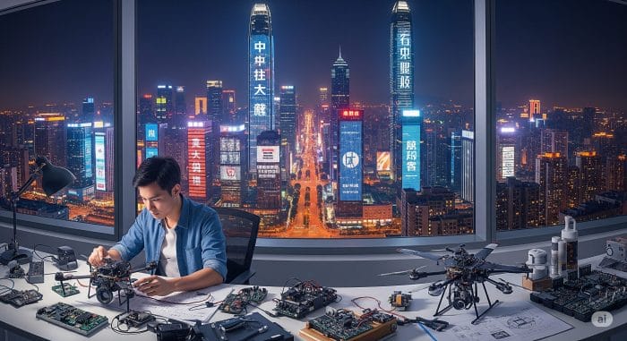 未来的な超高層ビルが立ち並ぶ深センの夜景と、工房でドローン開発に取り組む若きエンジニア。