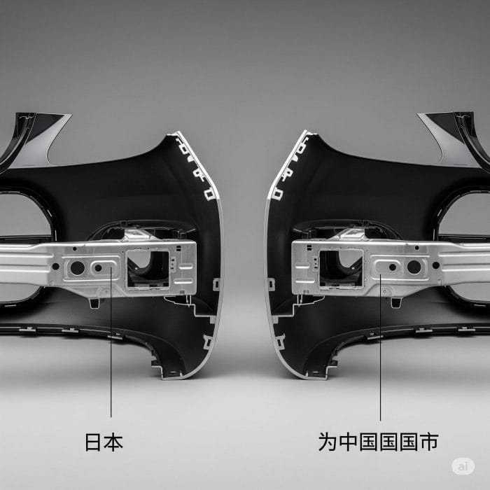 日本製（高品質アルミ）と中国市場向け（安価な鋼鉄）の自動車部品を比較し、品質の違いを示す技術写真。