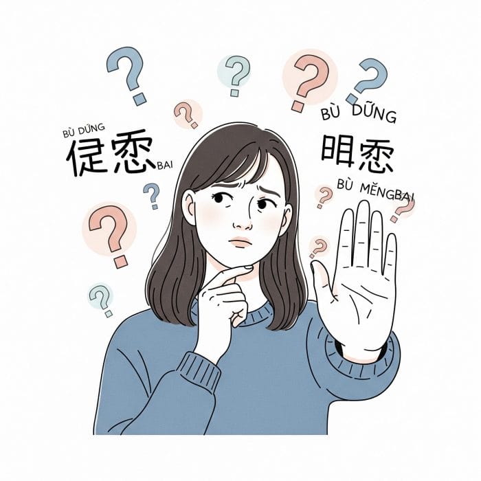 困惑した表情で、わからない、というジェスチャーをしている人物のイラスト。周りには疑問符が浮かんでいる。