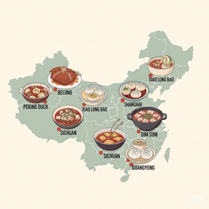 中国地図と各地の代表料理のイラストコラージュ