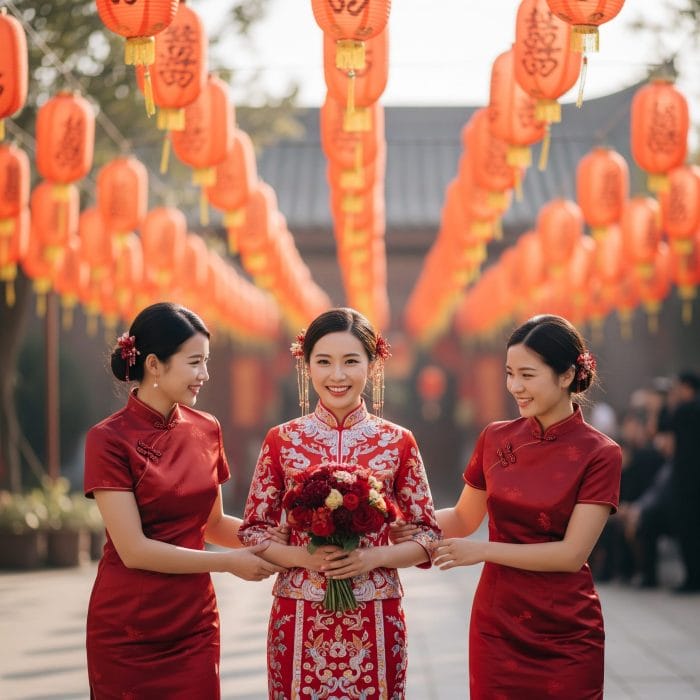 中国の伝統的な結婚式での花嫁と介添人