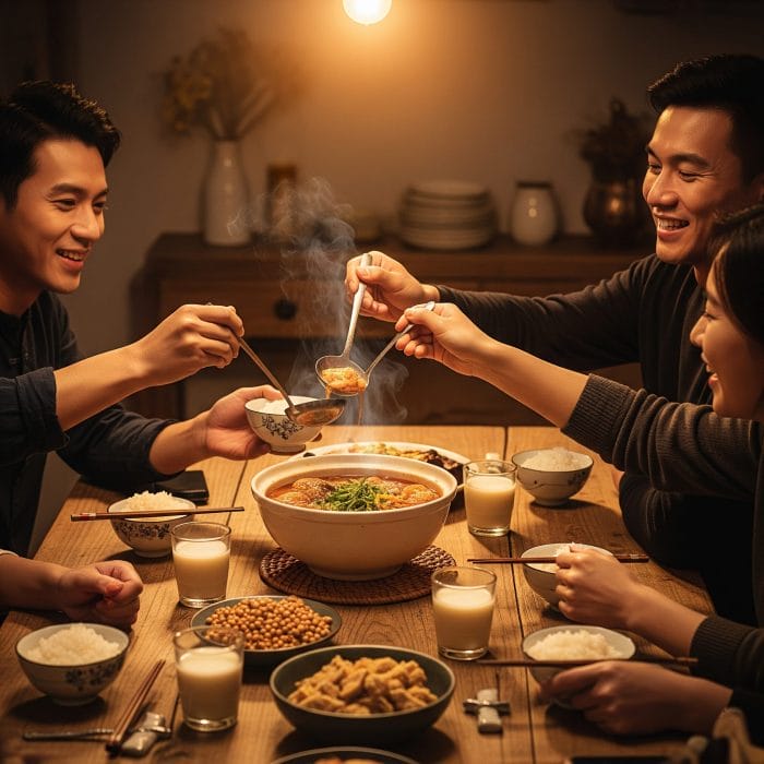 家族で水煮魚を囲む楽しい食卓