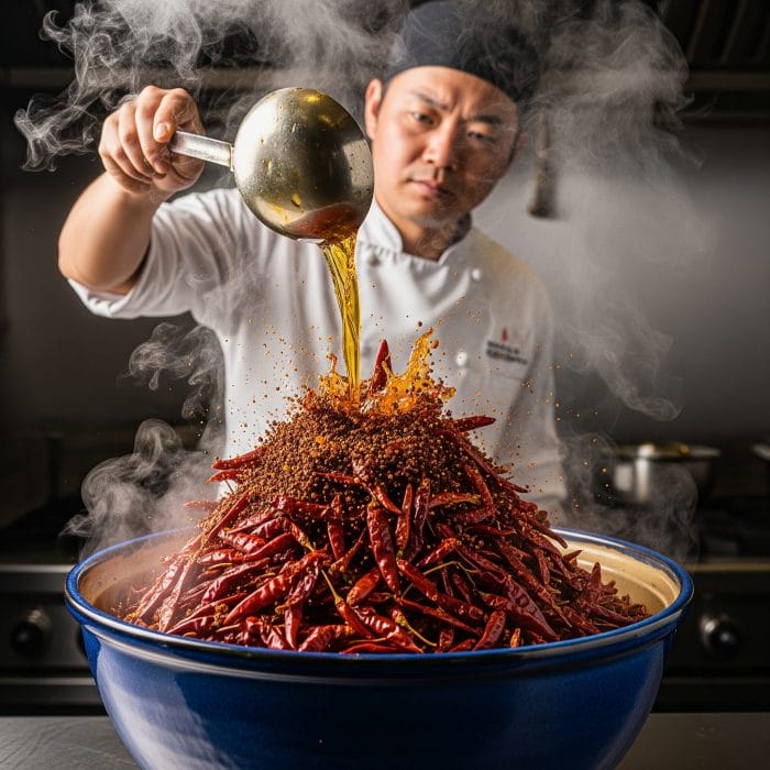 水煮魚の仕上げ、熱した油をかけるシーン