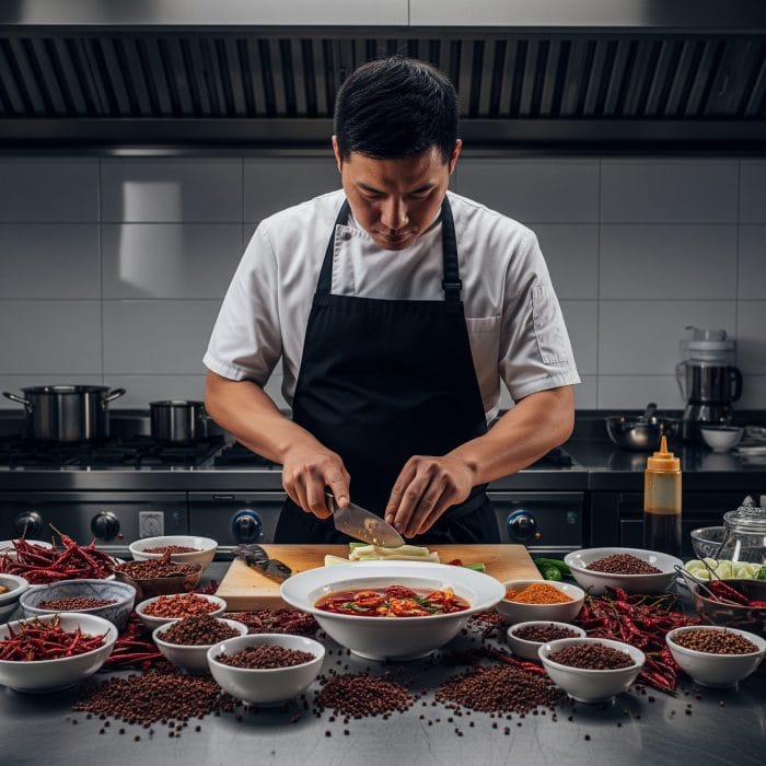 水煮魚のレシピ開発に没頭する料理人