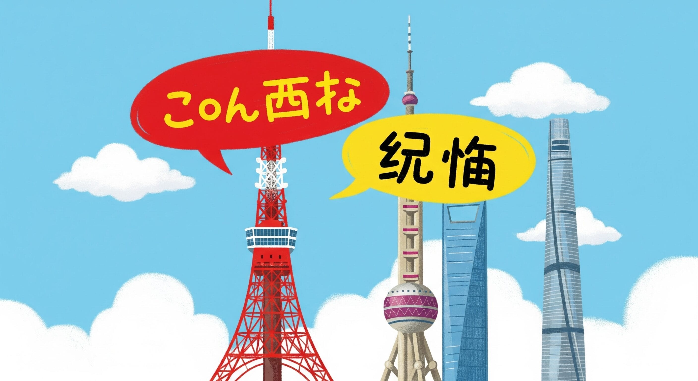 日本語の吹き出しが付いた3つのタワーのイラスト。東京タワーには「こんにちね」、東方明珠塔には「紀惧」と書かれており、背景には上海タワーが青空を背景に描かれています。.